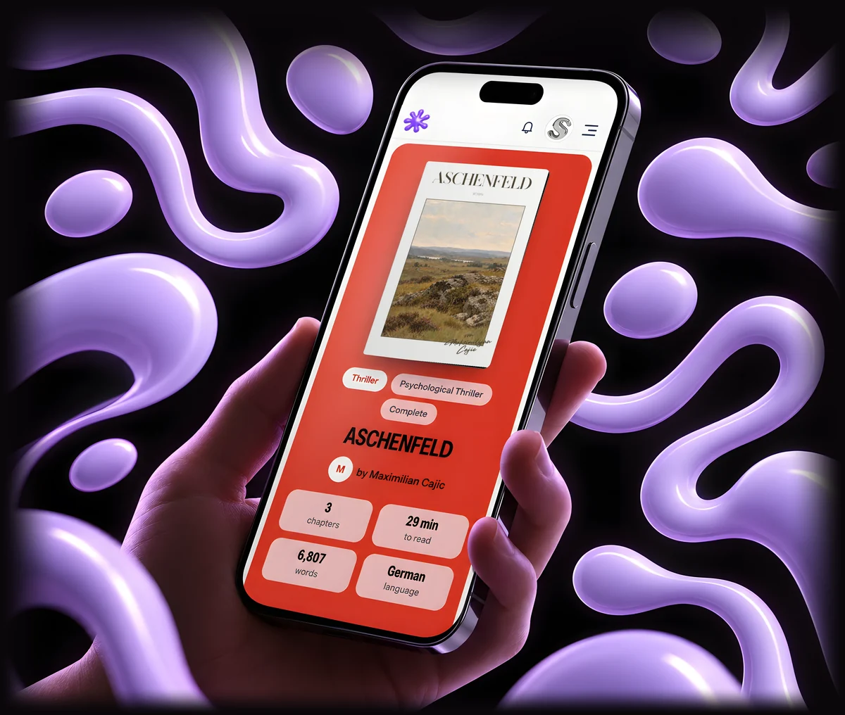 A hand holding a phone with the novel ASCHENFELD open in the Moyawe app, among glossy violet shapes.