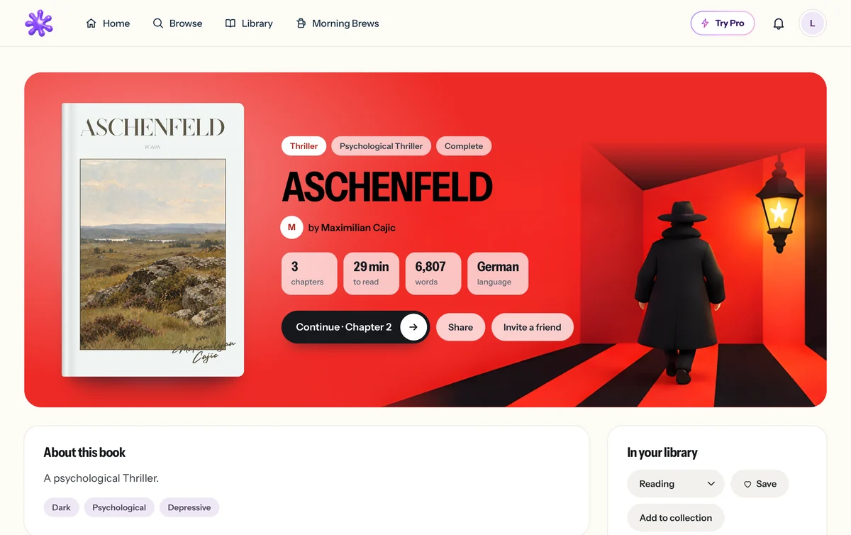 The book page of ASCHENFELD in the Moyawe app: the cover, the genres, 3 chapters and 29 minutes to read, Continue · Chapter 2, and the reader’s library and rating.