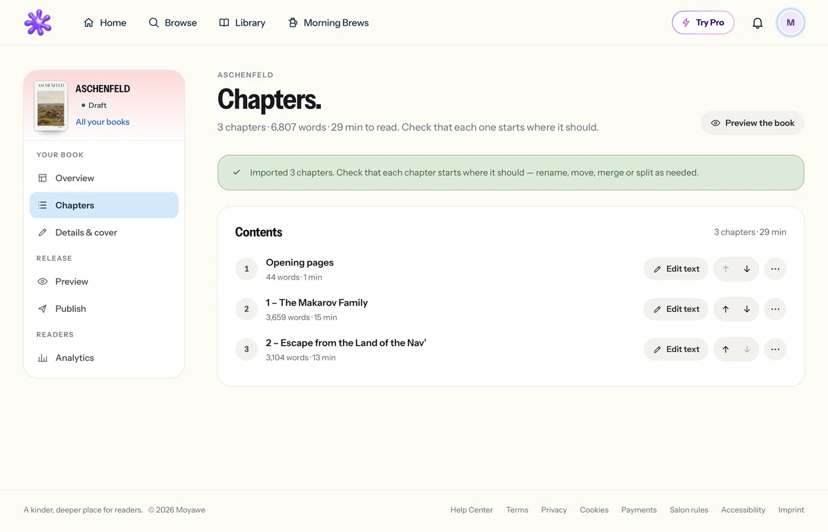 The Chapters page of the writer’s desk: “Imported 3 chapters”, with each chapter’s words and reading time.